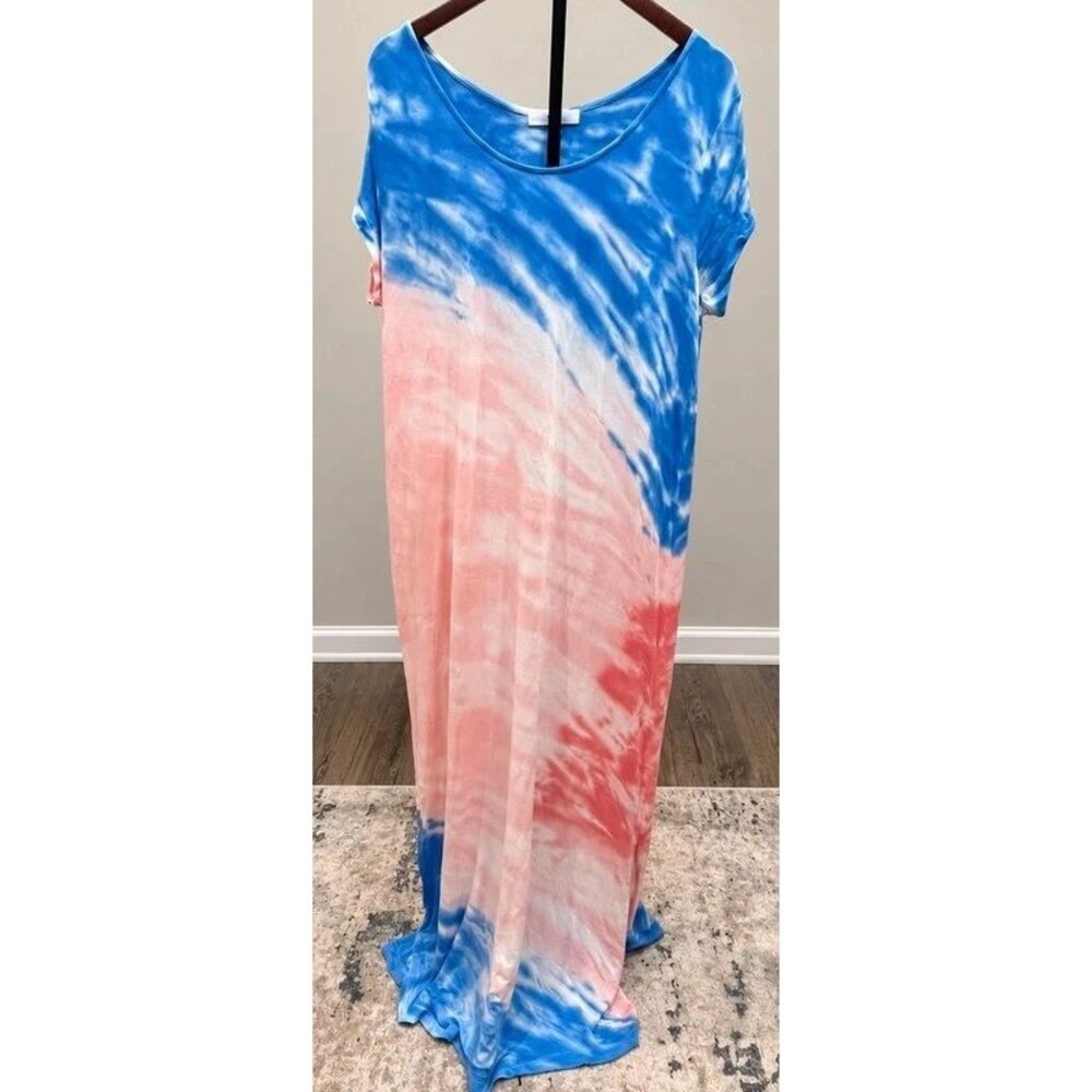 Love Stitch Women’s Tie-Dye Maxi Dress Size Medium Blue Pink White